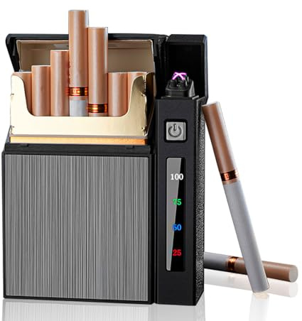 Cigarettfodral med tändare cigarettfodral tändning: Nizirioo dubbla bågar tändare cigarettbox, digital batteriindikator fylld med 20 cigaretter USB uppladdningsbar cigarettbox present