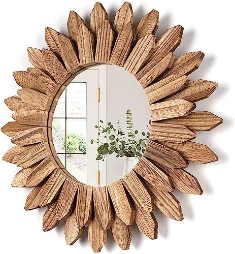 Emfogoo Boho Specchio da Parete, Decorazioni Casa Specchio da Parete Legno, 30X30 Specchio Ingresso da Appendere Rotondo Decorazioni per Camera da Letto e Soggiorno, Idee Regalo