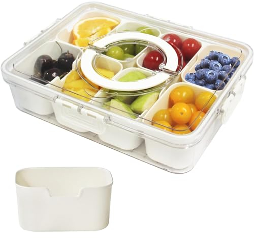 Divided Serving Tray with Lid & Handle, Plastic Portable Food Storage Container Snack Platters, 8 Removable Compartments Box for Parties, Reusable Appetizer Clear Organizer for Veggie, Candy,Fruit,Nut