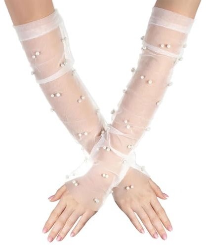 FDCGAS lange handschuhe damen - 1 paar Weiße Handschuhe Lang Damen Fingerlose Netzhandschuhe Perlen Tüllhandschuhe Brauthandschuhe Damen Hochzeit Teeparty Halloween Zubehör Handschuhe Weiß Lang
