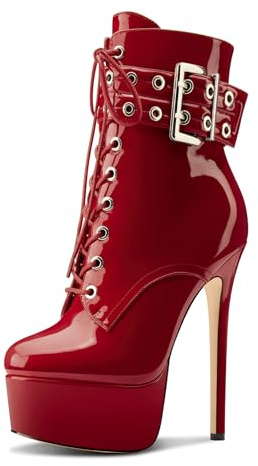 Aachcol Femmes Aiguille Haut High Talon Heel Plate-forme Bottines Rond Bout Lacets Fermeture à Glissière Mi Mollet Boucle Dress Bottes Rouge Bourgogne 39 EU