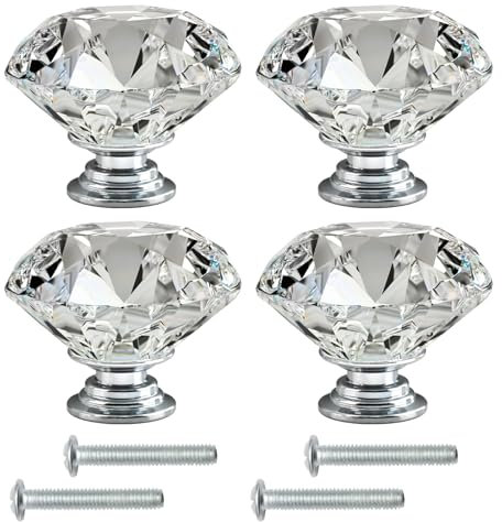 4 Pcs Crystal Knobs, Diamond Cabinet Knobs Drawer Pull Door Handles Modern Style Crystal Glass Door Drawer Knob with Screws for Dresser Drawers and Kitchen Bathroom Cabinet Office (Transparent 40mm)