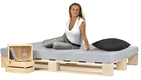 Lermowood Palettenbett M1 aus Holz 180 x 200 cm Natur mit Lattenrost Holzbett 20cm Stabiles Seniorenbett Kinderbett Jugendbett Gästebett erhöhtes Einzelbett Bettgestell Futonbett Komforthöhe Naturholz