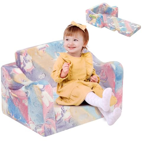 Kidirect Kindersofa Ausklappbar 2 in 1, Kinder Sofa Kinderzimmer aus Samt mit Schaumstoff, Kindercouch Kindersofa mit 8cm dicken Armlehnen, Sofa Kinder für Kuschelecke Kinderzimmer, Regenbogen Einhorn