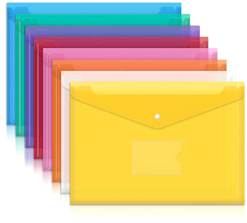 Mutsitaz A4 Plastic Wallets – 8 Pack Document Folders, 8 Bright Colors, Waterproof File Sleeves for Paperwork, School, Office, Home & Travel Organization