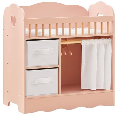 OOOK Puppenbett Holz, Baby Puppen Bett mit Kleiderschrank ab 3 Jahre