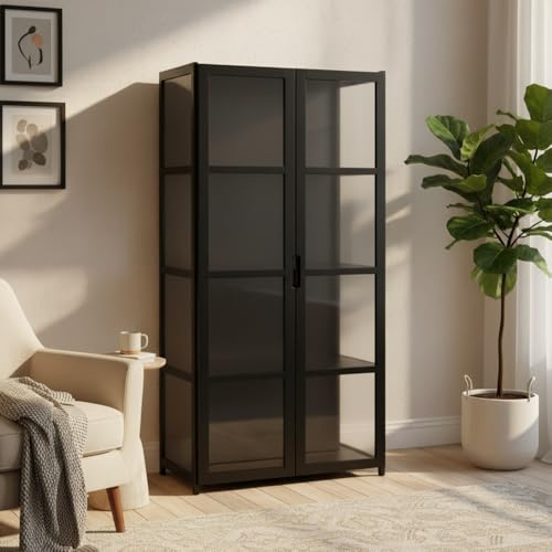 Acrylic Display Cabinet, Black, Double Doors, 4 Tier, 3 Sided