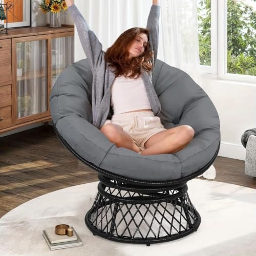 WEJIUAFB Papasan Fauteuil pivotant à 360° en rotin pour jardin et terrasse, cadre stable revêtu par pulvérisation, coussin en polyester épais de 180 g, beige, chaise ergonomique d'extérieur