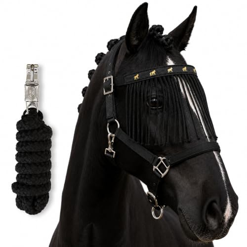 Cabestro para caballos con cuerda de guía y flecos de mosca, caballo, cabestro, pony, mazorca, sangre fría (negro, pura sangre)