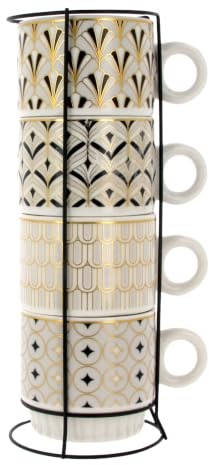 Stackable Coffee Mugs Set of 4 250ml Stacking Mug Modern White Cups with Metal Stand Porcelain for Tea Cappuccino Latte Espresso Gift (Gold Black Art Deco)