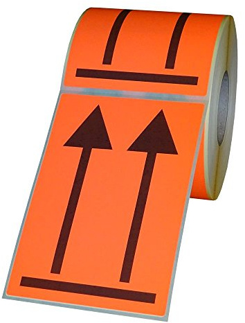 'Etiquetas para envíos Doble Flecha – Aquí superior en rollo – 74 x 105 mm – 1000 unidades – Negro/Rojo
