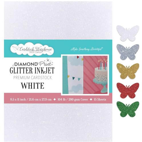 Cardstock Warehouse Diamond Print Inkjet Glitter - Premium White Glitter Cardstock Paper – 15 Sheets, 8.5 x 11-104 lb/280 GSM for Inkjet Printing, Die-Cutting, Card Making, Crafts, and DIY Projects