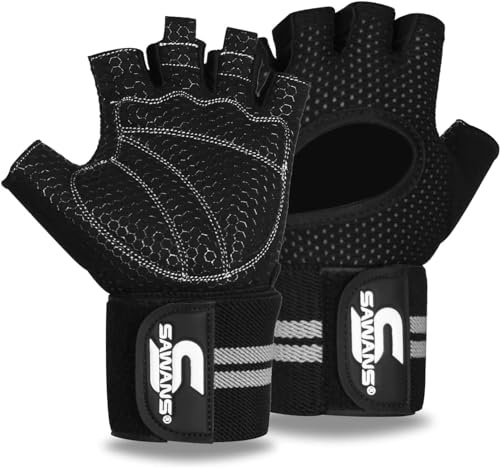 SAWANS Weight Lifting Gloves Gym Workout Fitness Wrist Wrap Support Men Women Fingerless Gloves Full Finger Touchscreen Padded Non Slip Palm Bodybuilding Training Grip (ink Black, M)