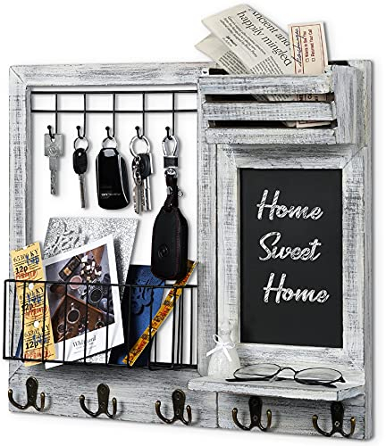 QILICZ Schlüsselbrett mit Ablage, Wandregal für Schlüsselregal Briefablage Zeitungsständer Schlüsselaufbewahrung und Kreidetafel - Briefhalter Schlüsselhalter,Wandgarderobe Vintage weiß