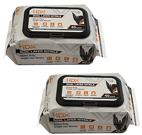 HDX Black Dual Layer 6ml Heavy Duty Disposable Nitrile Gloves 2 - 40 Packs - 80 Gloves Total Large