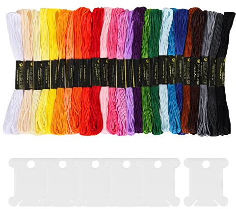 Embroidery Threads 25 Skeins Per Pack, AUERVO Embroidery Floss, Cross Stitch Threads, Friendship Bracelet Thread，Crafts Floss Rainbow Color with 6 Embroidery Bobbins…