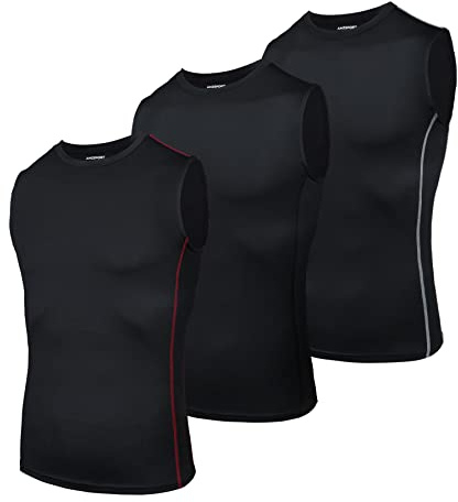 AMZSPORT Canotta Compressione da Uomo Sport Senza Maniche Base Layer Asciugatura Rapida Top Nero (Confezione da 3) M