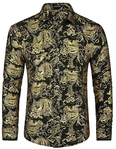 HISDERN Camisas de satén para Hombres Camisa Brillante con Estampado de Plumas Doradas de Manga Larga Camisas Florales de Lujo de Moda Casual Oro Negro L