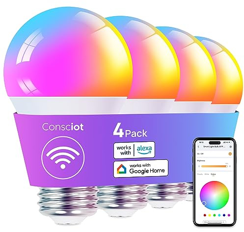 Consciot Smart LED Light, WiFi Color-Changing A19 E26 Lamp Compatible with Alexa & Google Home, 60W Equivalent, Music Sync, Dimmable, 4 Pack