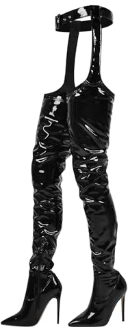 blingqueen Damen Overknee Chaps Stiefel Stiletto Chap Boots Metallic Lack Schwarz 38 EU