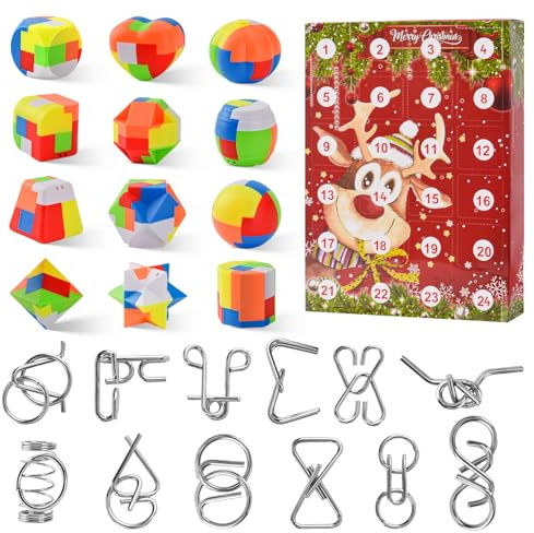 DAOUZL Calendario dell'Avvento 2025, 12 Pezzi di Rompicapo in Metallo e 12 Puzzle in Plastica 3d, Giocattolo Educativo Intelligenza Calendario Avvento per Bambini e Adulti