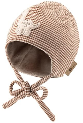 Sterntaler Beanie mit Stickmotiv Dino für Jungen - Baby und Kinder Mütze mit angeschnittenen Ohrenklappen und Bindeband - gefüttert mit Baumwollfleece - rost, 37