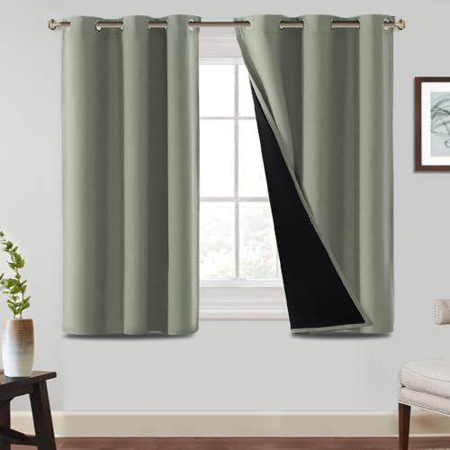 BellaHills 100% Blackout Curtains for Bedroom Thermal Insulated Blackout Curtain Heat and Full Light Blocking Eyelet Curtains for Living Room with Black Liner 2 Panels, 46 x 54 Inch, Light Sage