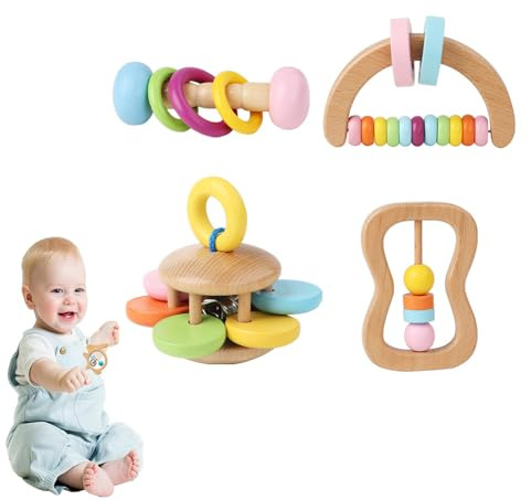 Set di 4 sonagli in legno, giocattolo per la promozione precoce, strumenti sonori in legno naturale, per bambini a partire dai 6 mesi (strumenti Orff, Montessori) (set da 4)