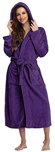 Generisch Peignoir de bain pour femme - Avec capuche - En polaire - Chaud - Couleur unie - Doux et confortable - Décontracté - Pour spa, maison et hôtel - Avec ceinture et poches, Violet 5., XL