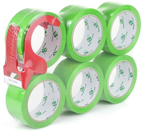 BOMEI PACK 6 Rolls Light Green Packing Tape 48mm x 66m Strong Sticky Heavy Duty Moving Boxes Sealing Tape with 1 Dispenser