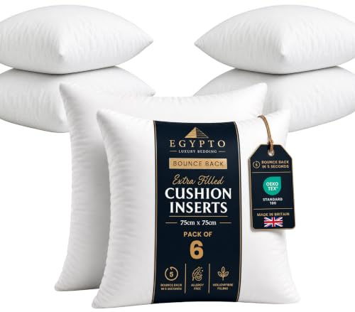 EGYPTO Pack of 6 Cushion Inserts 75cm x 75cm | Plump Bounce Back 30x30 Inch Cushion Pads | Hypoallergenic Sofa & Throw Pillows Inner | Made in UK