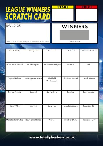 Totally Bonkers - Football Fundraising Scratch Cards - 30 Square - A6 (148x105mm) -10 Pack - TB0001 - Blind Card