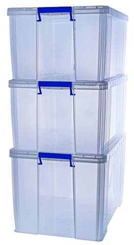BANKERS BOX Plastic Storage Boxes with Lids, Pack of 3, 2 x 70 Litre + 1 x 85 Litre. ProStore Strong Stackable Plastic Storage Boxes, Made in the UK, Clear