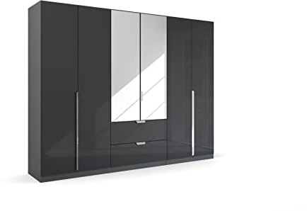 Rauch Möbel Glamour by Quadra Spin Schrank Drehtürenschrank, Grau metallic-Hochglanz Effektgrau, Schwarz, 6-TRG. mit Spiegel, inkl. 3 Kleiderstangen, 3 Einlegeböden, 2 Schubladen, BxHxT 271x210x54 cm