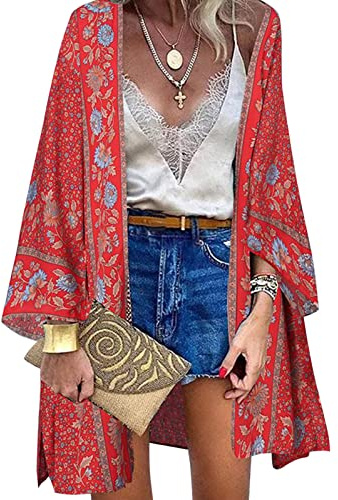 Kimono Copricostume Donna Cardigan Lungo Retro Stampa Floreale Bikini Cover Up Maniche Lunghe Coprivostume Elegante Copricostumi da Bagno Estate Beachwear,Rosso,XL