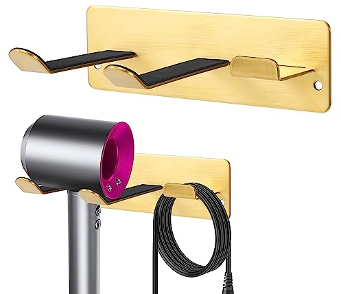 YOUGRIDDA Fönhalter ohne Bohren - Edelstahl 304 (Golden) - Wandhalterung für Haartrockner mit Kabelhalter - Robuster Haartrocknerständer für Bad & Friseursalon