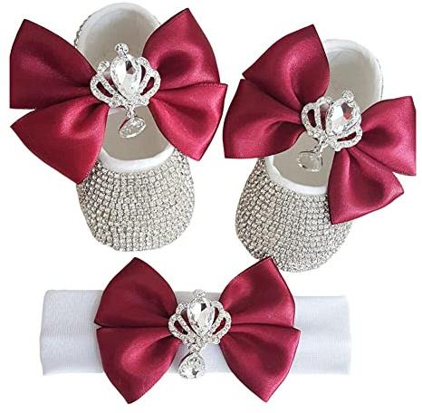 Uposao Bébé Fille Chaussures Premiers avec Bandeau Cadeau Ensemble Semelle Souple Anti-dérapant Baskets Princesse Chaussures pour Anniversaire Baptême Cérémonie Enfants Filles 6-12 Mois