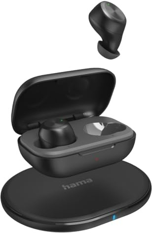 Hama True Wireless In Ear Kopfhörer (Bluetooth Kopfhörer Musikzeit 12h Akku, In Ear Kopfhörer mit Wireless Charging und kabellosem Ladegerät, spritzwassergeschützt IPX4, Ultraleicht 4g) schwarz
