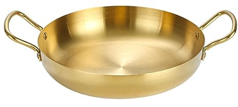 RSBFER Stainless Steel Spanish Paella Pan, Nonstick Cooking Pan Skillet Uncoated with Dual Handle for Homes Or Restaurants,Gold,24cm