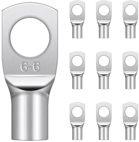Hanibos Cable Lugs M6, Tinned Copper 6mm² Ring Crimp Terminals 10 Pcs | SC6-6 Uninsulated Tube Battery Cable Ends for Auto Batteries, Electrical Wiring and Distribution Boxes