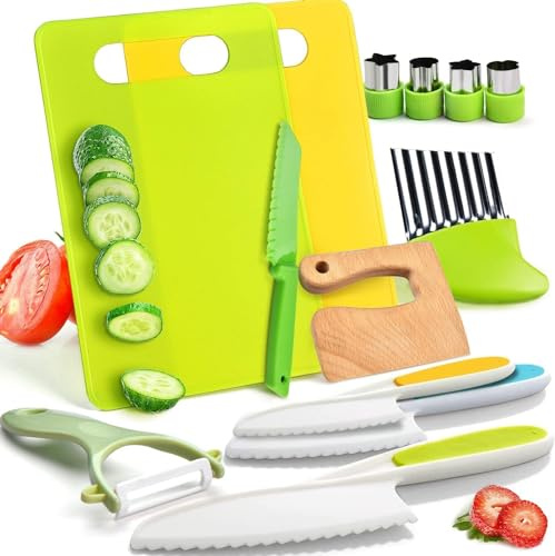 13 Pieces Kitchen Knife Set-Kids Montessori Kitchen Set Cooking Sets Real-Toddler Safe with Plastic Toddler Safe Knife Crinkle Cutter Kids Cutting Board Birthday Gift