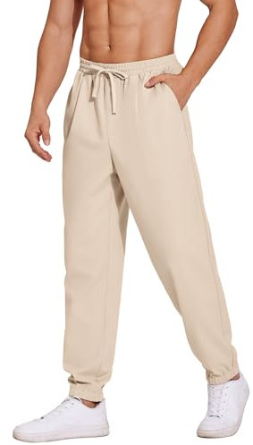 COOFANDY Herren Hose Lange Leinenhose Leicht Sommerhose mit Gummizug Strandhose Herren Freizeithose Loose Fit Beige L