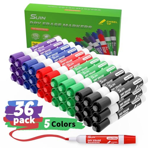 SUIN Dry Erase Markers, Chisel Tip Whiteboard Markers, Low Odor White Board Markers, Chisel Tip Marker, Whiteboard Marker, Assorted 5 Colors, 36 Count