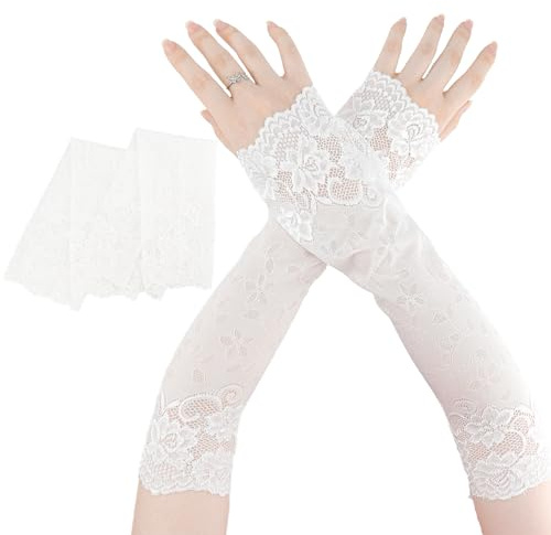 LNQ LUNIQI Manchettes en dentelle - Protection solaire - Noir - Refroidissement UV - Gants en dentelle - Manchettes longues sans doigts - Pour femme - Pour l'équitation en plein air, Blanc.