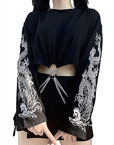 Goth Crop Tops T-shirt à manches longues pour femme T-shirt court pour femme Vêtements gothiques pour femme