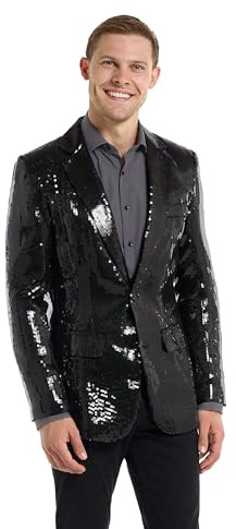 Suitmeister Men’s Black Sequin Blazer – Shiny Glitter Slim Fit Party Jacket for Christmas, Disco, NYE & Prom