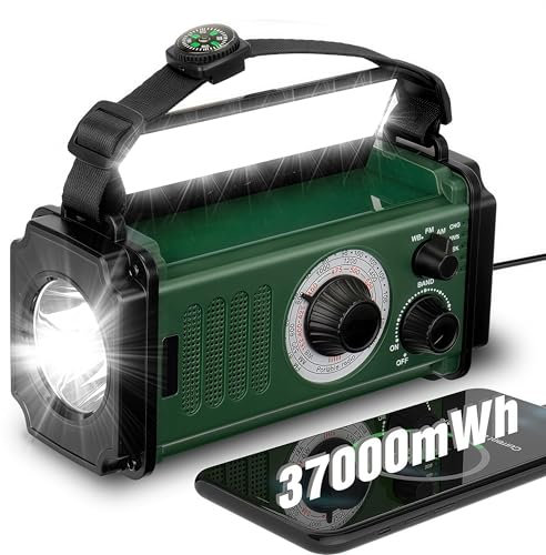 Radio di emergenza a manovella da 37000 mAh, radio solare, radio meteorologica NOAA/AM/FM, 4 metodi di ricarica, batteria ai polimeri, torcia elettrica e lampada da lettura, allarme SOS, bussola per