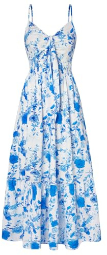 Womens Summer Dresses Floral Tie Front V Neck A Line Smocked Swing Ruffle Vacation Sundress Blue Flowers