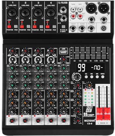 MIZISNR Audio Mixer 6 Channel Sound Mixer Console, Professional Music Mixing Board DJ Mixer w/ 99 DSP, 7-band EQ, USB, Bluetooth, 48V Phantom Power & PAD Function for Recording PA Live Live Streaming