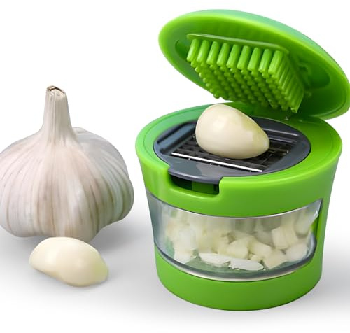 Garlic Chopper with Storage Container, Manual Garlic Press, Portable Ginger Press Crusher Mincer, Manual Food Processor Vegetable Chopper